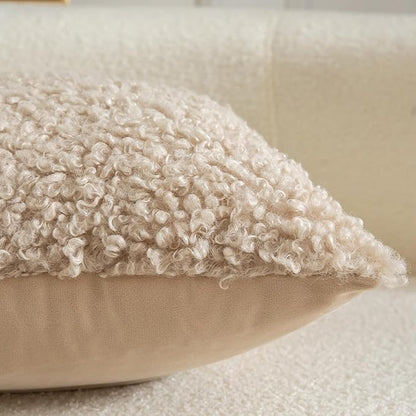 Yaertun Pack of 2 Faux Fur Throw Pillow Covers Decorative Sherpa Boucle Pillow Covers Fuzzy Soft Pillowcases Sheepskin Fleece Cushion Case for Couch Sofa Bed Living Room 16x16 Inch Oatmeal