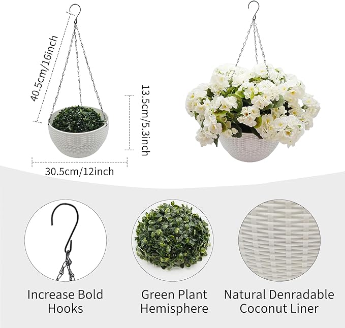 Hanging Planters with Plant Hangers for Indoor Outdoor Decor 2 Pack Artificial White Geranium 26CM Half-Round White Plastic Hanging Baskets with Durable Iron