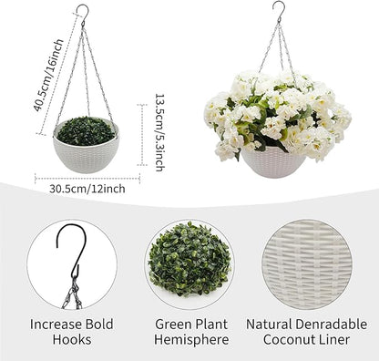 Hanging Planters with Plant Hangers for Indoor Outdoor Decor 2 Pack Artificial White Geranium 26CM Half-Round White Plastic Hanging Baskets with Durable Iron