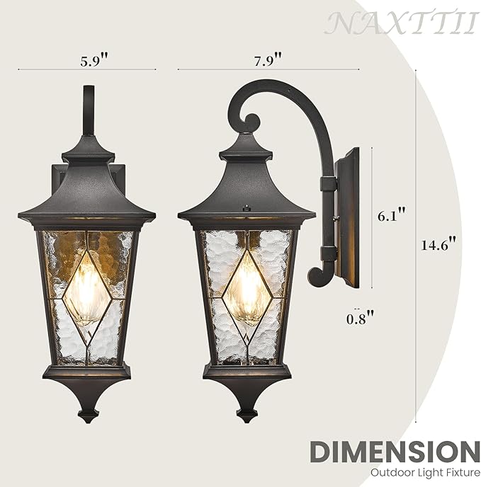 Porch Light Outdoor 14.5 Inch Black Exterior Light Fixtures 2-Pack Outside Light fixtures for House Water Reipple Handmade Solder Glass Aluminum Material and E26 Socket Downwards Installation