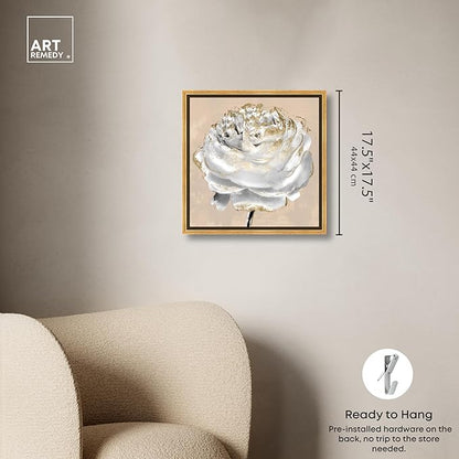 Art Remedy Beige Ranunculus Canvas Elegant White Gold Wall Art, Gold Frame, 16" x 16"