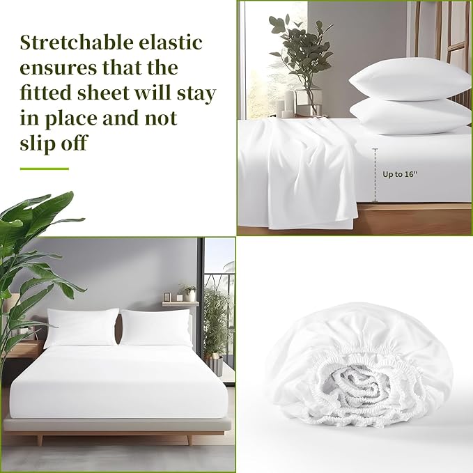 Shilucheng 100% Viscose Derived from Bamboo_ Sheets Cal King Size 4pcs - Ultra Cooling & Silky Soft Bed Sheets, 16" Deep Pocket, Perfect for Hot Sleepers, Hotel Bedding Sheets (White)