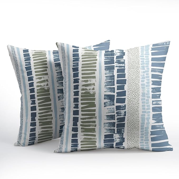 Blue Green Pillow Covers 20x20 Set of 2 Boho Striped Dots Print Pattern Decorative Outdoor Zipper Pillowcases Rustic Decoration Farmhouse Linen Throw Cushion Cover Decor for Home Couch Sofa Bed