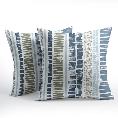Blue Green Pillow Covers 20x20 Set of 2 Boho Striped Dots Print Pattern Decorative Outdoor Zipper Pillowcases Rustic Decoration Farmhouse Linen Throw Cushion Cover Decor for Home Couch Sofa Bed