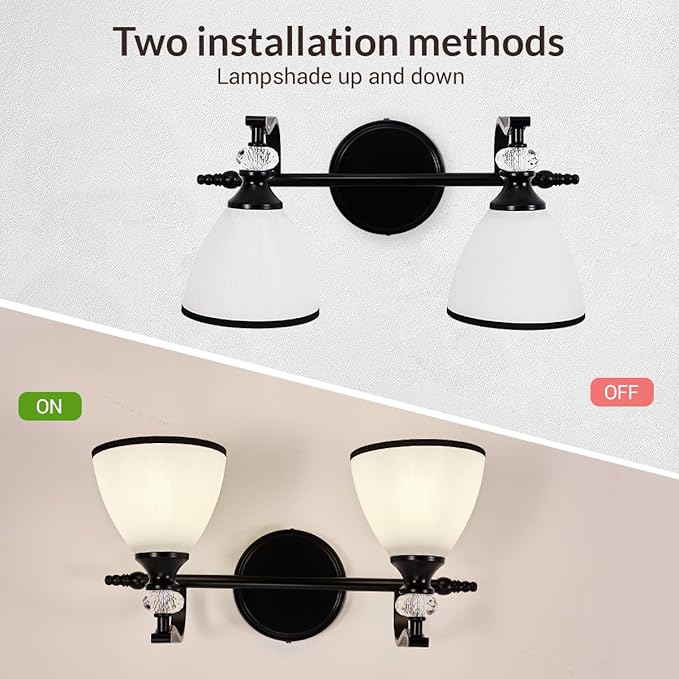 ANDY STAR Bathroom Lighting Fixtures Over Mirror, 2-Light Matte Black Vanity Light with Frosted Glass, Anti-Rust Metal Framed Bathroom Wall Lamp Sconces for Mirror Bedroom, Living Room Hallway