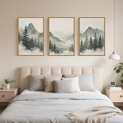 Large Nature Foggy Mountain Pine Trees Framed Canvas Wall Art, Misty Forest Landscape Wall Decor,Watercolor Woodland Scenery Artwork,Modern Art Print for Living Room, Bedroom, Office- 24"x36"x3