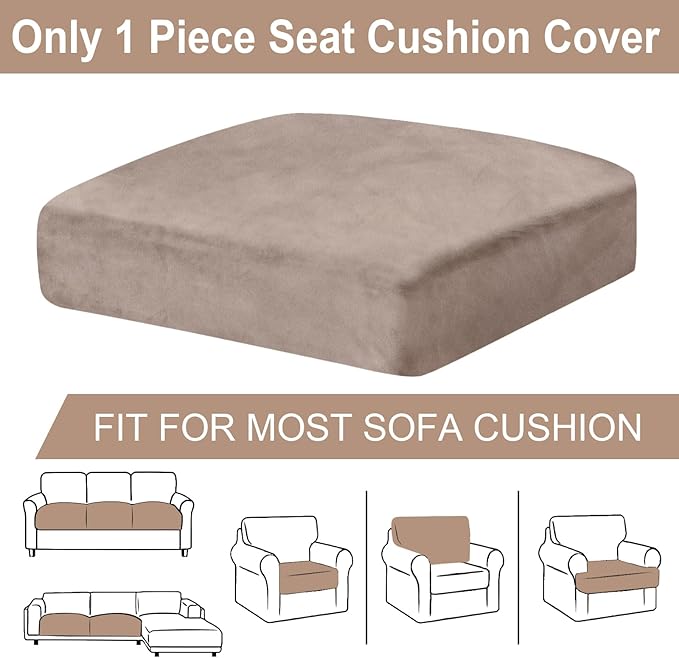 Couch Cushion Cover Velvet 1 Piece Seat Cushion Cover Stretch Armchair Cover Separate Sectional Sofa Slipcovers Furniture Protector (1-Seater or Sofa Backrest, Tan)
