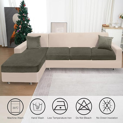 Sectional Couch Covers for 4-Piece Seat Cushion Velvet Separate L Shape Couch Cover Stretch Sofa Slipcover with 2 Pieces Pillowcases Furniture Protector (Sofa 3 Seater + 1 Chaise, Olive Green)