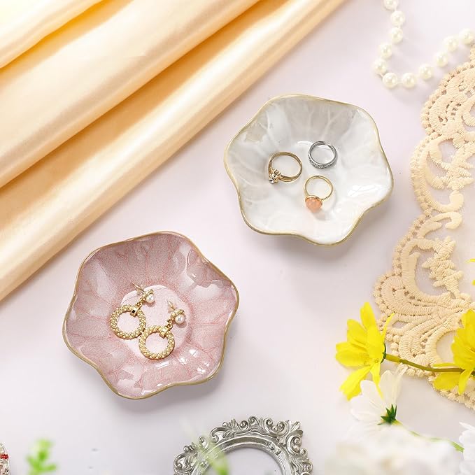 8 Pcs Ceramic Trinket Dish Lotus Leaf Jewelry Tray Small Ring Dish for Earrings, Rings, Jewelry Holder, Key Bowl(White,Pink)
