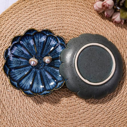 Ceramic Jewelry Dish Ring Plate Tray Vintage Lotus Shaped Jewelry Key Bowl Ring Holder for Jewelry Wedding Engagement Gift Set of 2(Blue and Green)