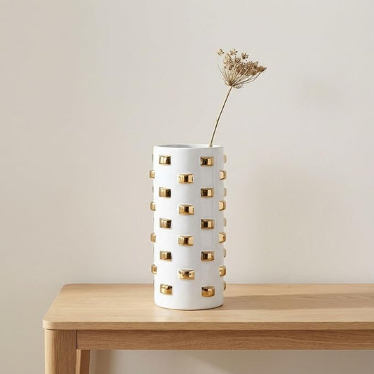 Modern Glam Stoneware Vase with Geometric Accents – Decorative Ceramic Flower Holder – Elegant Home Decor Accent for Living Room, Bedroom, Dining Room, or Office – 11", White and Gold