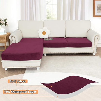 NAISI Waterproof Couch Cushion Covers Thick Velvet Fabric Washable Sofa Slipcovers Sectional Couch Covers for 3 Pieces Separate L Shape Couch Cover with Elastic Bottom(2 Seater + 1 Chaise, Burgundy)