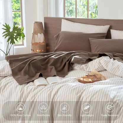MooMee Bedding Sheet Set 100% Washed Cotton Linen Like Textured Breathable Durable Soft Comfy (Solid Brown, Full)