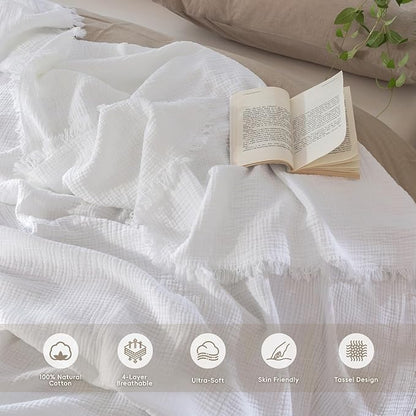 MooMee Muslin Blanket - 100% Cotton 4-Layer Gauze Throw Blanket with All-Around Fringe, Ultra-Soft Breathable Lightweight Cooling Decorative for Bed, Sofa & Couch (Bright White,Throw XL 50" x 70")