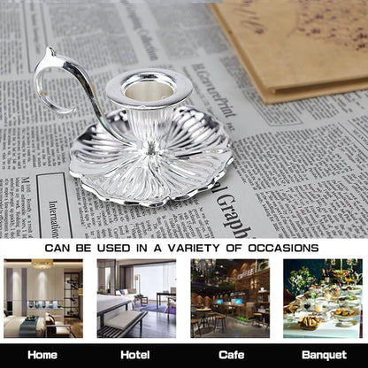 Vintage Candle Stick Holder, Handle Stand Iron Candle Stick Holder, Small Taper Candle Holder for Table Home Decoration (Silver)