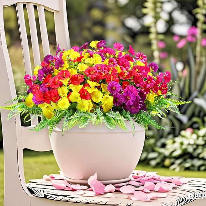 16 Bundles Outdoor Artificial Fake Flowers UV Resistant No Fade Plastic Faux Morning Glory Silk Flowers Plants for Home Garden Porch Patio Window Box Farmhouse Hanging Décor