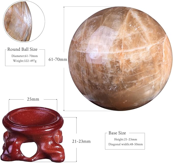 moonsix Natural Orange Moonstone Crystal Sphere with Resin Stand Healing Energy Stone Decorative Ball Sculpture for Home Office Tabletop, 61-70 mm