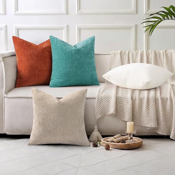 decorUhome Chenille Turquoise Throw Pillow Covers 20x20 Inch Set of 2, Decorative Soft Couch Pillow Covers Solid Dyed Accent Farmhouse Neutral Square Pillow Cases for Sofa Bed Living Room