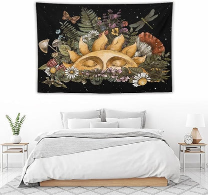 Vintage Sun Tapestry,Boho Hippie Mushroom Starry Floral Forest Plant Tapestries Wall Hanging for Dorm Living Room Bedroom Home Decor(60"x90")