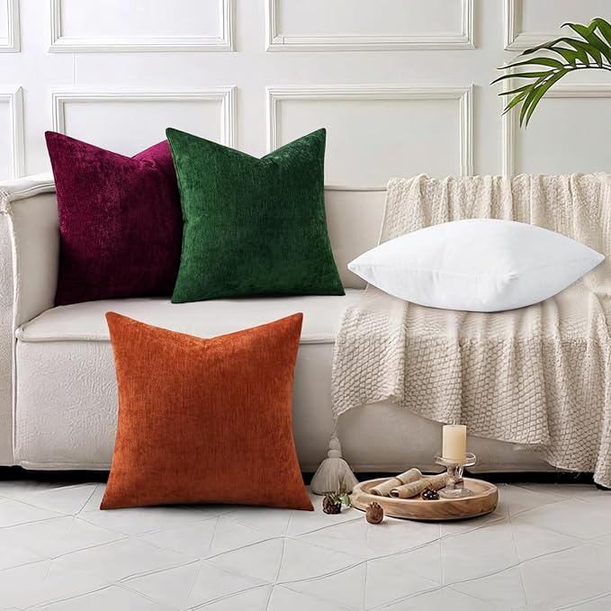 decorUhome Chenille Burgundy Spring Throw Pillow Covers 20x20 Inch Set of 2, Decorative Soft Couch Pillow Covers Solid Dyed Accent Farmhouse Neutral Square Pillow Cases for Sofa