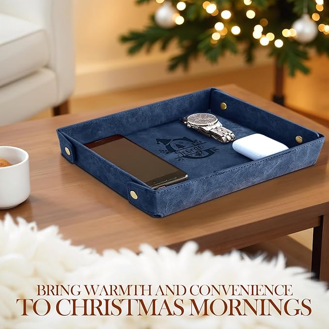 Engraved Christmas Blue Leather Valet Tray – Personalized Rectangle Catchall Organizer for Wallet, Keys, and Jewelry – Gift for Men, Dad, Couples – Dresser Top or Coffee Table Tray Decor