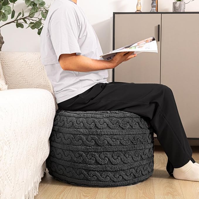 Round Plush Ottoman Pouf Stuffed– Fluffy Ottoman Foot Rest with Modern Foam Filler 20" x 14" Cozy Floor Pouf for Living Room & Bedroom (Gray)