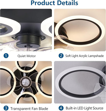 HuixuTe 26" Geometric Ceiling Fan with Lights Remote Control, 3 Colors, 6 Speeds, Bladeless, Low Profile for Kitchen, Bedroom