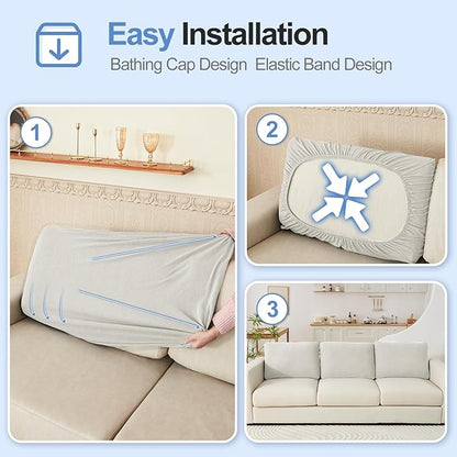 Large Backrest Cushion Cover, Non-Fuzzy Chenille Sofa Covers with Clean Look, Stretch Couch Slipcover for Sectional and L Shaped Sofa Back or Backrest Support (3 Piece, Light Grey)