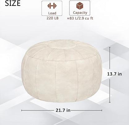 Thgonwid Unstuffed Moroccan Storage Pouf Foot Stool Ottoman Seat Handmade Faux Leather Bean Bag Floor Chair Foot Rest for Living Room, Bedroom or Balcony (Ivory White)
