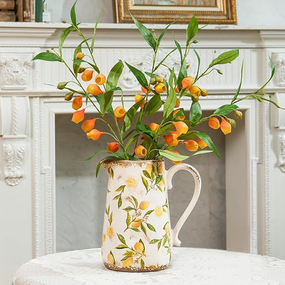 Vintage Lemon Ceramic Vase with Handle, Retro Ice Glazed Crack Farmhouse Pitcher Vase for Home Decor, Living Room, Shelf, Office, Rustic Table Centerpiece 9 Inch