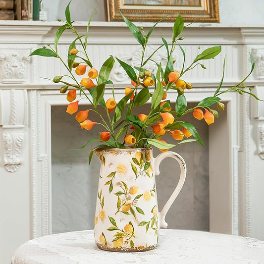 Vintage Lemon Ceramic Vase with Handle, Retro Ice Glazed Crack Farmhouse Pitcher Vase for Home Decor, Living Room, Shelf, Office, Rustic Table Centerpiece 9 Inch