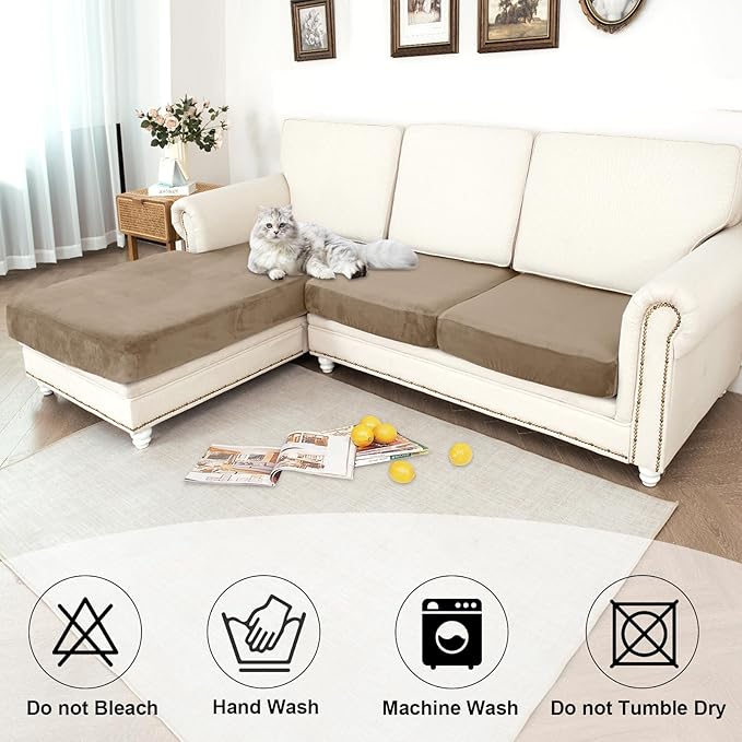 NAISI Waterproof Couch Cushion Covers Thick Velvet Fabric Washable Sofa Slipcovers Sectional Couch Covers for 3 Pieces Separate L Shape Couch Cover with Elastic Bottom(2 Seater + 1 Chaise,Sand)