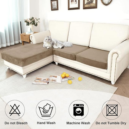 NAISI Waterproof Couch Cushion Covers Thick Velvet Fabric Washable Sofa Slipcovers Sectional Couch Covers for 3 Pieces Separate L Shape Couch Cover with Elastic Bottom(2 Seater + 1 Chaise,Sand)