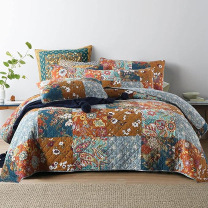 Cotton Bedspread Quilt Sets Reversible Bedding Coverlet Sets 3 Pieces Paisley Vintage Floral Yellow Blue Patchwork Bedspread, King Size