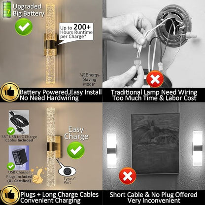 Cordless Rechargeable Crystal Wall Sconces Battery Operated Set of 2 | Brushed Gold Crystal Wall Lights Battery Sconces Wall Decor Picture Light for Living Room Bathroom Bedroom (2 Pack, Gold, 15.5'')