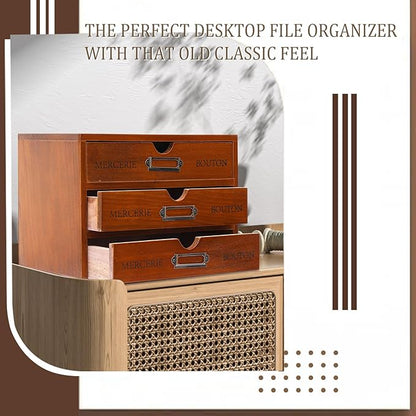 Wesiti 3 Drawer Apothecary Cabinet - Vintage Wooden Desk Organizer - Library Card Catalog Wood Storage Box - Office Desktop Dresser for Stationery, Thread Embroidery, Sewing, Crafts, Junk & Supplies