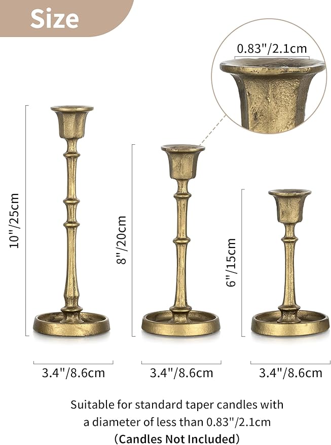 NUPTIO Cast Iron Candlestick Holders: Antique Brass Taper Candle Holders with Unique Drip Wax Aesthetics - Set of 3 Gold Candle Sticks Holder Fireplace Mantel Decor