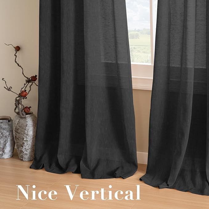 H.VERSAILTEX Linen Curtains Natural Blended Curtain Panels for Living Room/Light Reducing Linen Semi Sheer Curtains 54 inch Length 2 Panels Set Nickel Grommet Window Panels, 52" x 54", Black