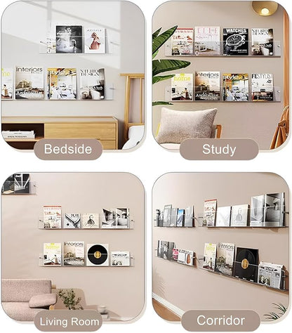 4-Pack 24" Acrylic Magazine Holder Vinyl Records Holder, Display Floating Bookshelves Wall Mounted, Hanging Nursery Book Shelves for Waiting Room, Living Room, Office