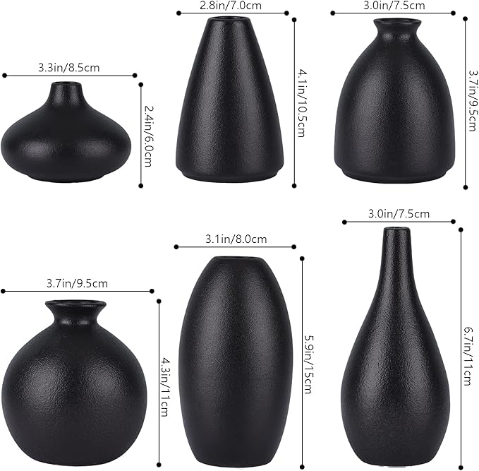 Set of 6 Matte Black Small Vases for Flowers, Ceramic Bud Vase Bulk Boho Centerpieces for Tables, Mini Short Vase Modern Bulk Wedding Centerpieces Ikebana Vases for Bridal Shower/House Warming Gift