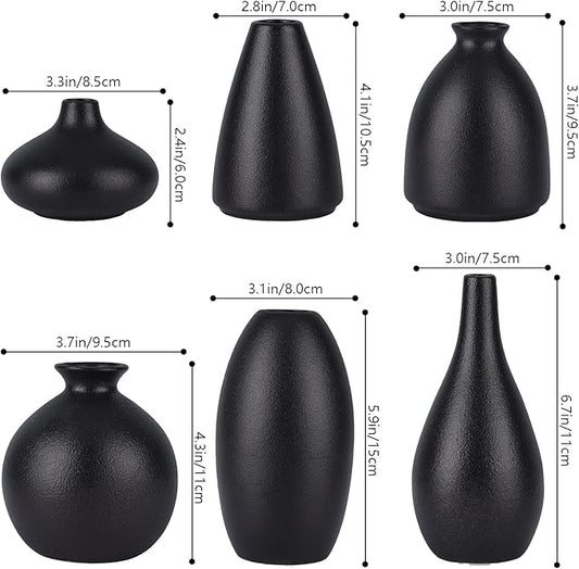 Set of 6 Matte Black Small Vases for Flowers, Ceramic Bud Vase Bulk Boho Centerpieces for Tables, Mini Short Vase Modern Bulk Wedding Centerpieces Ikebana Vases for Bridal Shower/House Warming Gift