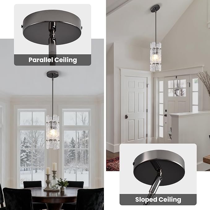 Modern Pearl Black Crystal Pendant Light for Kitchen Island, Luxury Mini Water Ripple Glass Chandelier Fixture, Round Adjustable Hanging Pendant Lighting for Dining Room Bedroom Hallway (1-Pack)