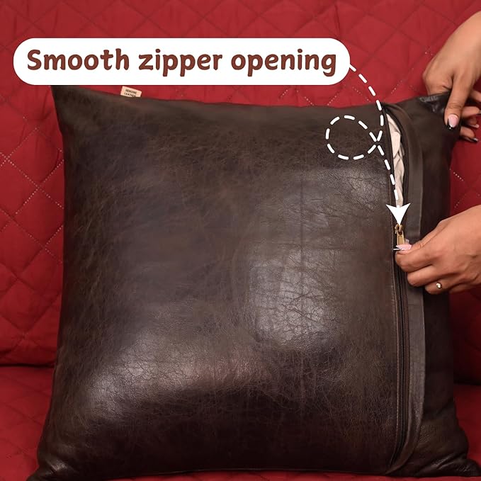 Lambskin Leather Pillow Cover - Sofa Cushion Case - Decorative Throw Covers for Living Room & Bedroom, 14x14 Inches - Dark Brown Crunch Plain Pack of 1