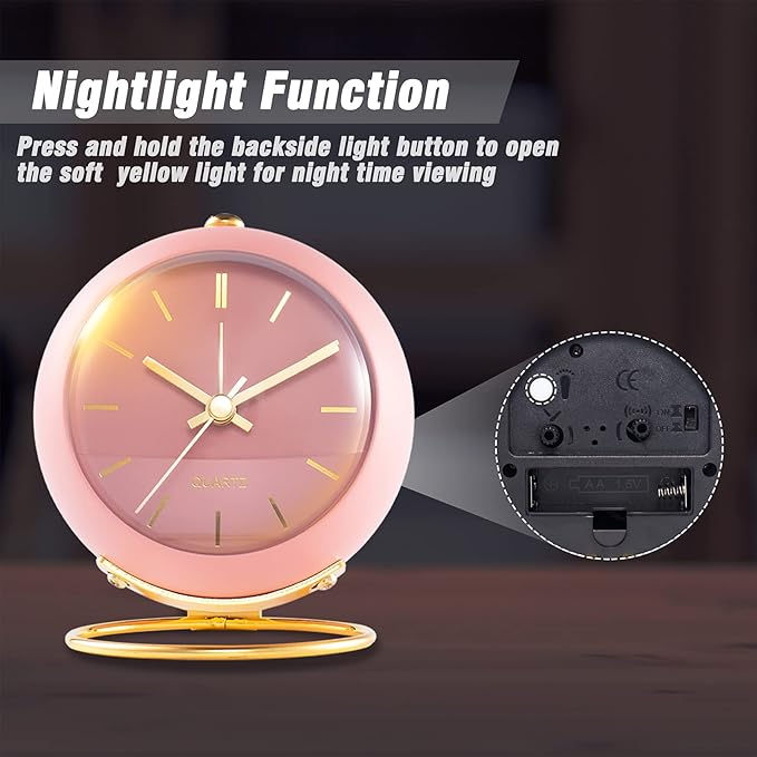 AYRELY® Battery Operated Desk Alarm Clocks with Light,Retro Silent No Ticking Analog Small Clock,Loud Table Clock for Bedside/Bedroom/Kitchen/Office/Travel/Kids/Room Decor Aesthetic Vintage(Pink)