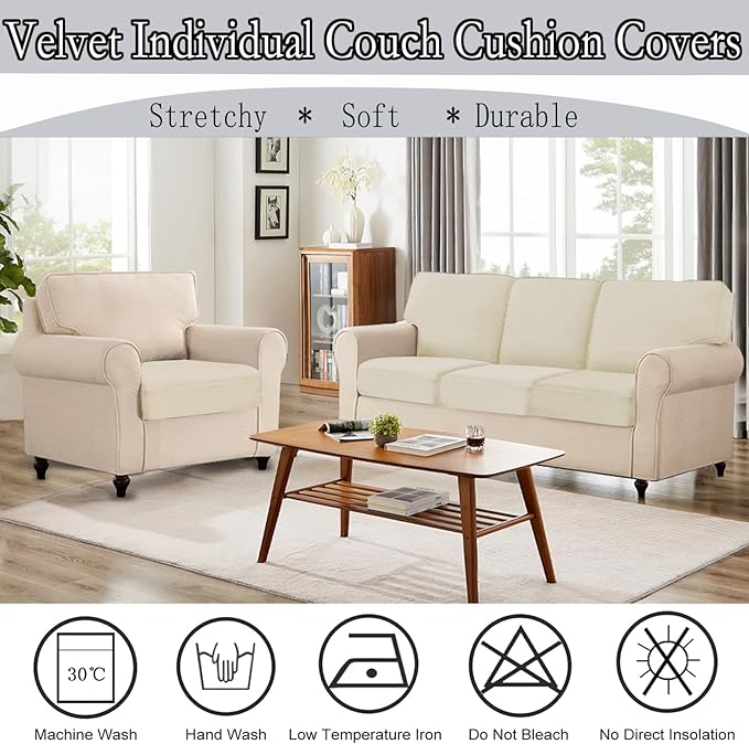 NAISI Couch Cushion Covers 1 Piece Velvet Stretch Sofa Seat Covers or Backrest Covers Soft Individual Couch Covers for Sectional Sofa(1 PC for Seat Cushion or Backrest,Cream)