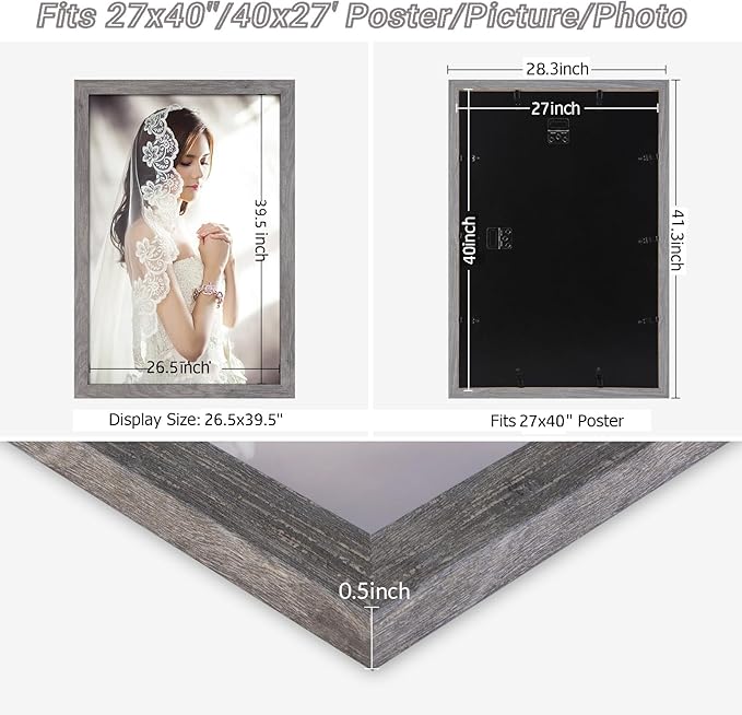 27x40 Frame Distressed Gray, Rustic 40x27 Picture Frame Grey, Art Pic Poster Frame, 27 by 40 Gallery Family Concert Portrait Photo Frame Anniversary/Birthday/Wedding/Thank you/Christmas Gift