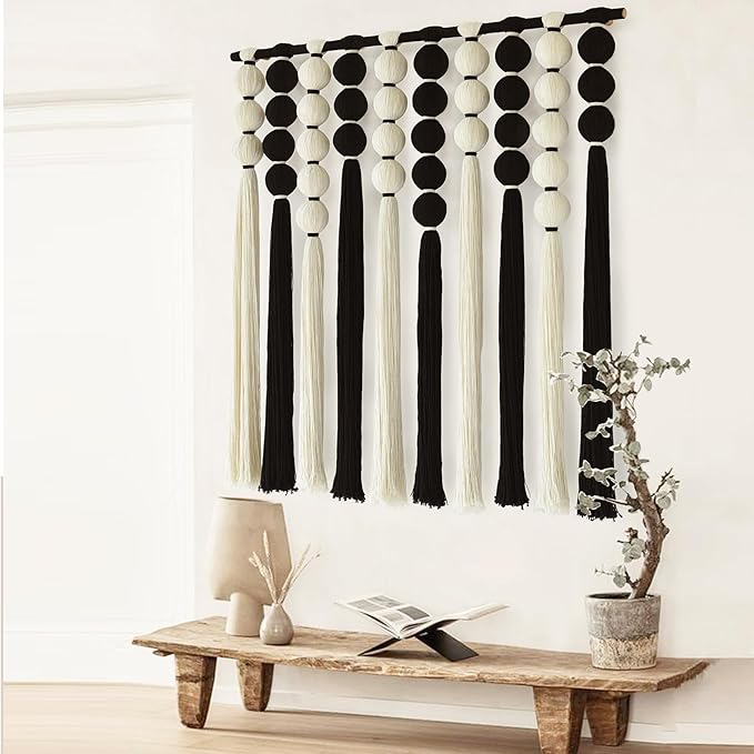 IOWER Large Macrame Wall Hanging Macrame Wall Decor Black and White Sphericity Cotton Textile Wall Hanging Boho Wall Decor Art Fiber Yarn Art Handmade 39" Wx39 L