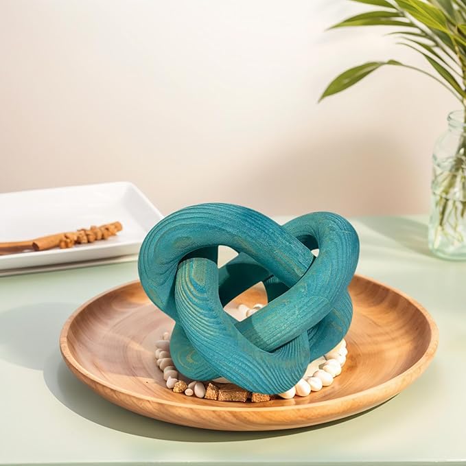 Wood Knot Decor -Coffee Table Decor Shelf Decor Table Books Hand Carved Home Decoration Boho Country Rustic Modern Shabby Chic Style 3 Link Wooden Knot Chain Link Decor (Blue)