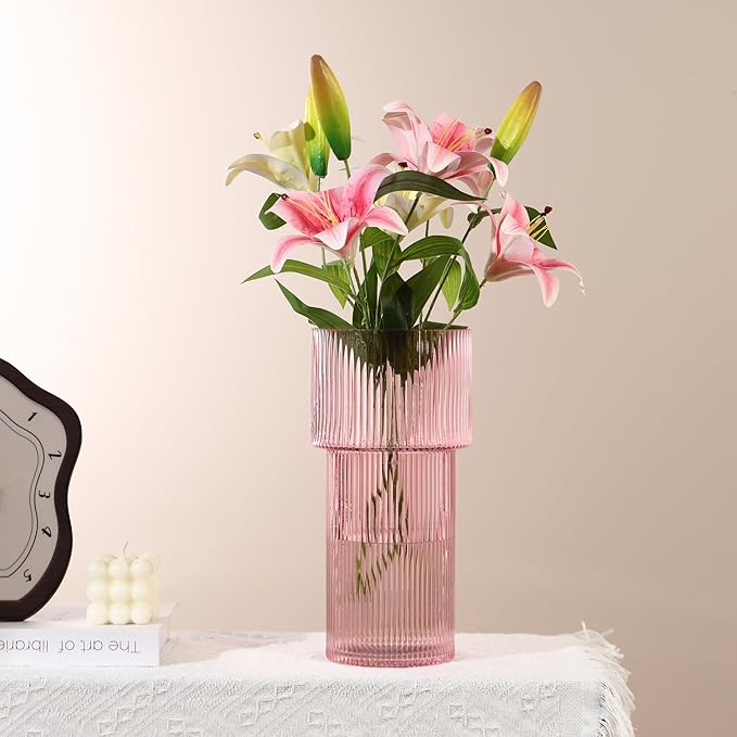 Large Pink Glass Vase, 12 Inches Tall Fluted Vase for Flowers, Modern Torch-Shaped Flower Vase with Ribbed Texture for Living Room, Dining Table, Office, Entryway, Mantle, Shelf, Wedding Gifts