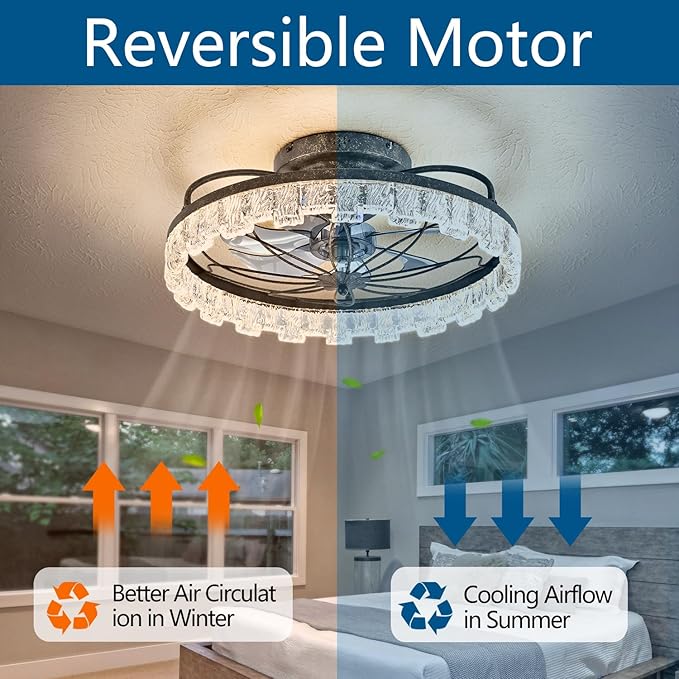 Rustic Black Ceiling Fan with Light, Farmhouse Flower Caged Ceiling Fan with Remote, LED Low Profile Ceiling Light for Bedroom Kitchen Living Room
